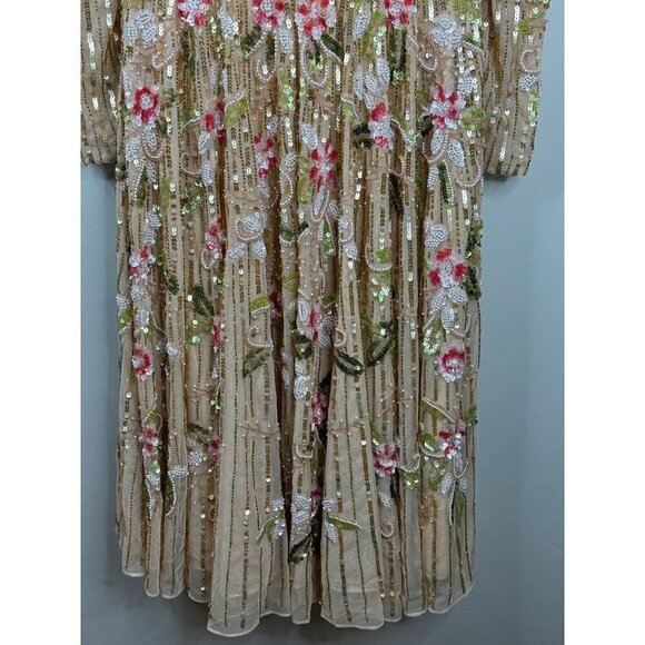 Mac Duggal 5415 Floral Tea Length Dress Sequin Beadwork Long Sleeve Size 8 NWT - Picture 6 of 13